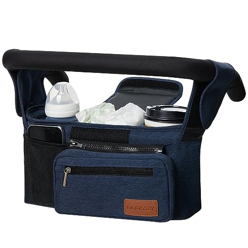 Momcozy Universal Baby Stroller Organizer, 2 Insulated Cup Holder, Detachable Zippered Pocket, Adjustable Shoulder Strap, Large capacity for baby essentials, Compact Design Fits Any Strollers - color: Blue
