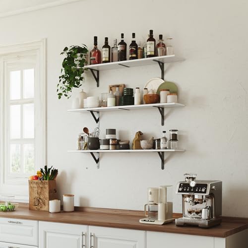WOPITUES Floating Shelves for Wall 40″W x 8″D, Long Wall Mounted Shelves Set of 3, Wood Book Shelves Decor, Farmhouse Display Shelf for Bedroom, Living Room, Laundry Room, Kitchen, Bathroom, White
