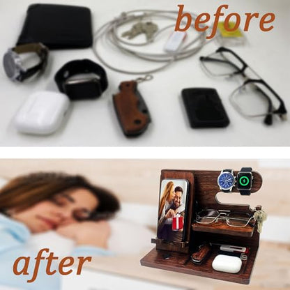 VEIYAILU Gifts for Men Boyfriend Him Brother Nightstand Organizer Gift for dad from Daughter Son Wood Phone Docking Station Anniversary Birthday Gifts (Walnut) - color: Walnut