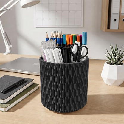 Lebenrich Aesthetic Black Pen Holder for Desk, Rotating Plastic Desk Pencil Holder Organizer for Home School Office - color: Black
