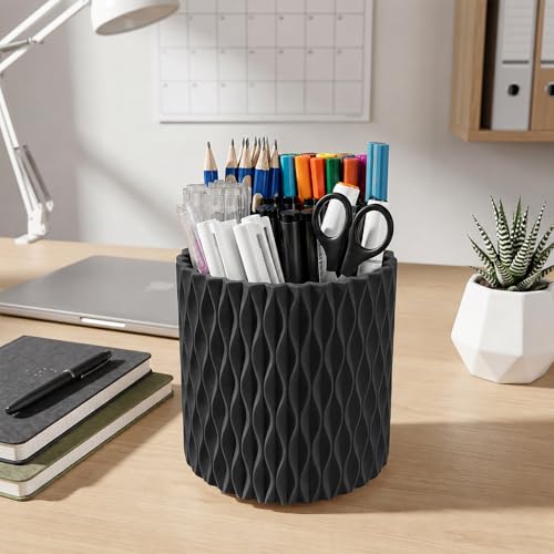 Lebenrich Aesthetic Black Pen Holder for Desk, Rotating Plastic Desk Pencil Holder Organizer for Home School Office - color: Black
