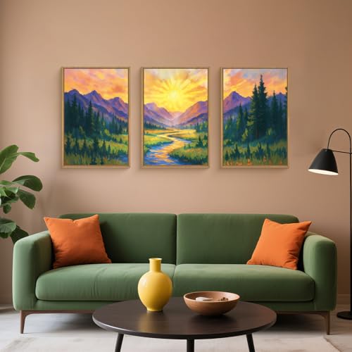 HPNIUB Boho Mountain Sunrise Framed Canvas Wall Art Set,Nature Colorful Wilderness Wall Decor,Abstract Landscape Art Print,Sunset Pine Tree River Artwork for Living Room, Bedroom,Dining Room,Office -24''x36''x3 - color: Pine Mountain Wall Art, size: 24"L