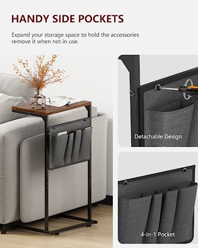 Vantic C Shaped End Table, Small Side Table for Couch and Recliner, Slide Under Sofa Tray Desk with Storage Bag for Living Room and Bedroom, Rustic Brown - color: Rustic Brown