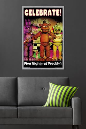 Five Nights at Freddy's - Celebrate Wall Poster, 34L" x 22.4W", Gray Framed Version - color: Gray Framed Version, size: 34"L x 22.4"W