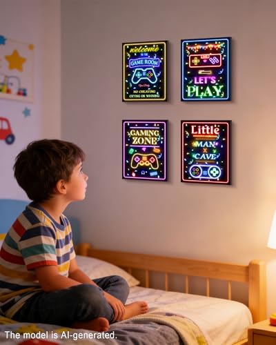 Video Game Decor for Teen Boys Gaming Wall Neon Sign Gamer Room Welcome Little Man Cave Teenage Bedroom Posters Decor Ready to Hang Set of 4, 8x10in (Framed) - size: 10L" x 8W" x 4 Panels