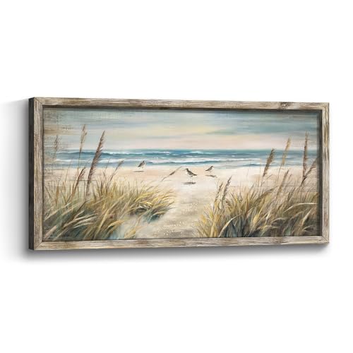 Beach Ocean Painting Wall Art: Framed Coastal Picture Wooden Sea Bird Print Seaside Sand Seascape Artwork Decor for Living Room Bedroom Bathroom 24x12 inch - color: Beach 03, size: 24"L x 12"W