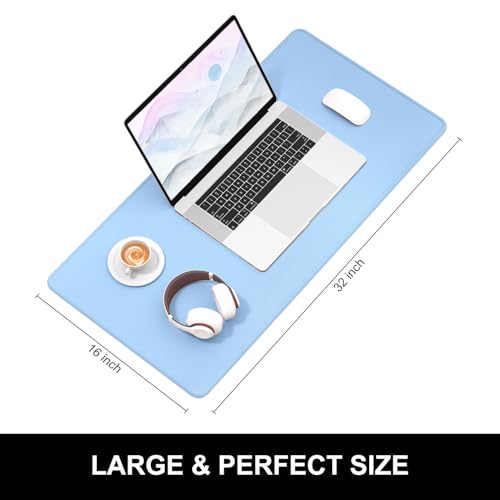 Hsurbtra Desk Pad, 32" x 16" Premium-Textured Desk Mat, Stitched Edge Anti-Slip Waterproof Rubber Mouse Pad, L Extended Computer Mat for Office Gaming Laptop Keyboard Sky Blue