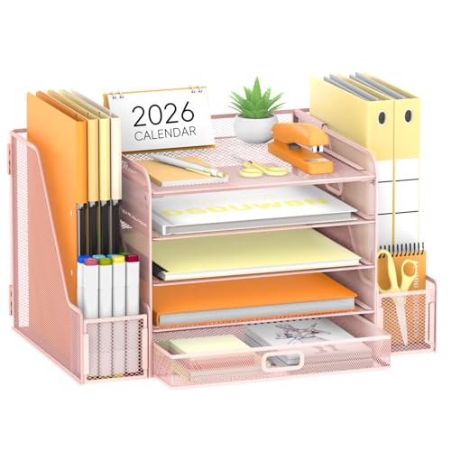 SUPEASY Mesh Desk Organizer with File Holder, 5-Tier Paper Letter Tray Organizer with Magazine Holder, Desktop Organizer and Storage with Drawer for Office Supplies Home or School (Pink) - color: Pink