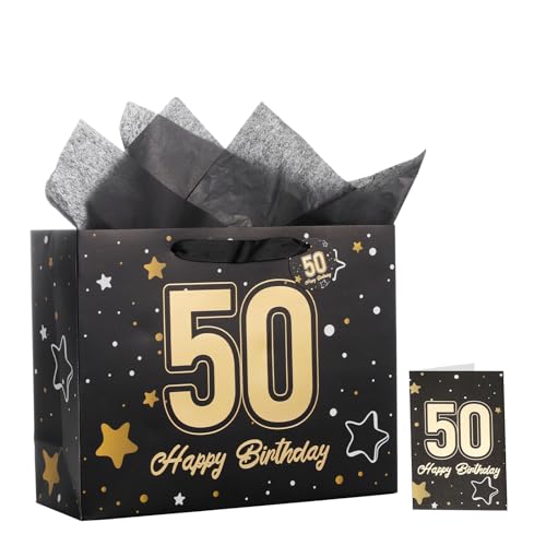 Powbrace 13" Black 50th Birthday Gift Bag with Tissue Paper and Greeting Card for Party,Happy Birthday Gift Bag for Men Women,Gift Bags Medium size(1 Black 50th) - color: 1 PCS Black 50th, size: 1 count (Pack of 1)