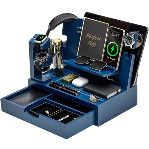 Nightstand Organizer for Men with Large Drawer, Wood Phone Docking Station for Phone, Apple Watch, Wallet & Keys, Ideal Birthday Gift for Father Husband, Bedside Desk Organizer (Blue) - color: Blue