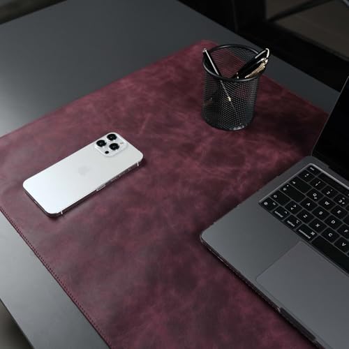 Jersey Genuine Calfskin Leather Desk Pad, Office Desk Mat with Non-Slip Bottom, Smooth Surface for Mouse & Keyboard, Desk Protector (36x19 inches) (Dark Purple) - color: Dark Purple