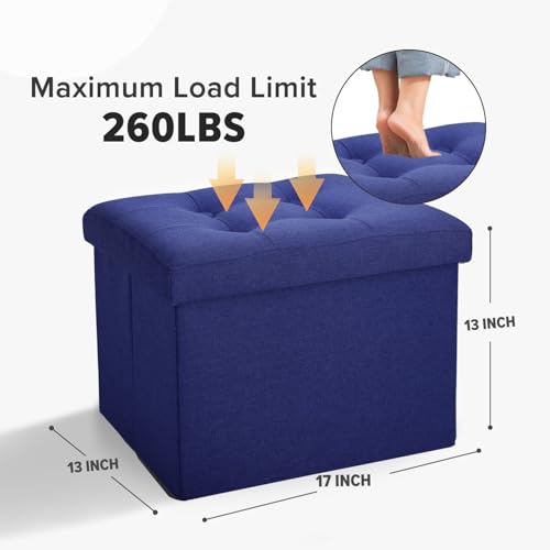 LINMAGCO Small Storage Ottoman Stool Foot Rest Stool Under Desk Stool Short Folding Ottoman Linen Cloth Navy 17X13X13IN - color: Navy(linen), size: 13"D x 17"W x 13"H
