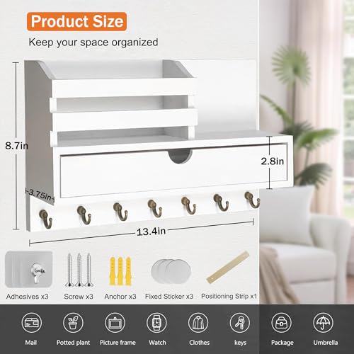 dreampossible Key and Mail Holder for Wall, Mail Organizer Wall Mount with 6 Hooks and Storage Drawer, Wooden Key Rack Hanger with Shelf for Entryway and Home Decor - color: White, size: Large(13.4''x8.7'')