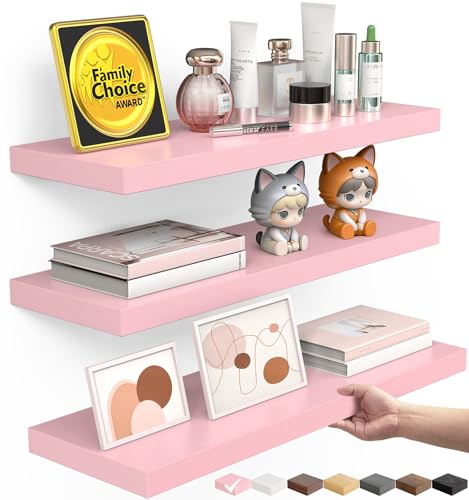 BAYKA Pink Floating Shelves for Wall Set of 3, 15.7in Wood Wall Shelves for Bathroom, Bedroom, Living Room Decor Organize, Hanging Shelf for Books/Storage/Display with 22lbs Capacity - color: D. Pink - Romantic & Sweet Style, size: 15.7inches