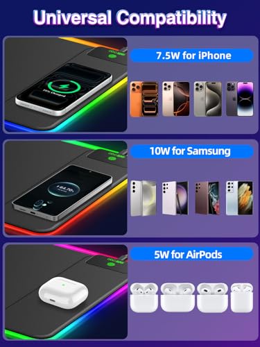 RGB Gaming Mouse Pad with 15W Magnetic Wireless Charger, 31.5'' x 11.8'' Large LED Desk Mat, 24 Lighting Effects Keyboard Pad with Non-Slip Rubber Base, Waterproof Ultra-Smooth Surface - color: RGB-31.5"x11.8"-Magnetic Charging