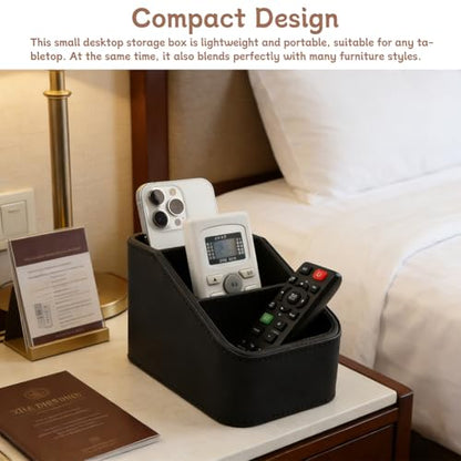 PU Leather Remote Control Holder, Small TV Remote Holder with 3 Compartments, Bedside Table Desktop Organizer for DVD, Media Player, Heater Controllers, Cosmetics, Office Supplies(COLOR:Black)