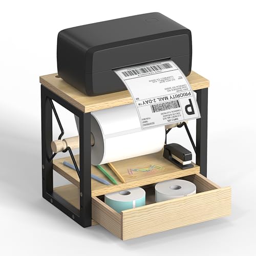 Label Roll Holder & FanFold Labels with Drawer, Wooden Label Holder for Thermal Printer Stand, Thermal Label Holder for Desktop Label Printer, Sticker Roll Holder for Home, Office, Work - color: Wooden
