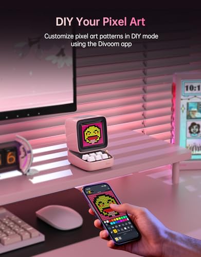 Divoom Ditoo Retro Pixel Art Game Bluetooth Speaker with 16X16 LED App Controlled Front Screen (Pink) - color: Pink