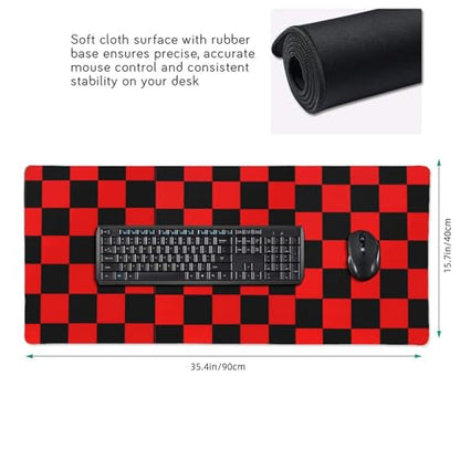 Black Red Checkered Mouse Pad Large Desk Mat for Keyboard and Mouse Non-Slip Gaming Mousepad Office Desk Accessories for Computer 35.4x15.7Inch - color: Black Red Checkered