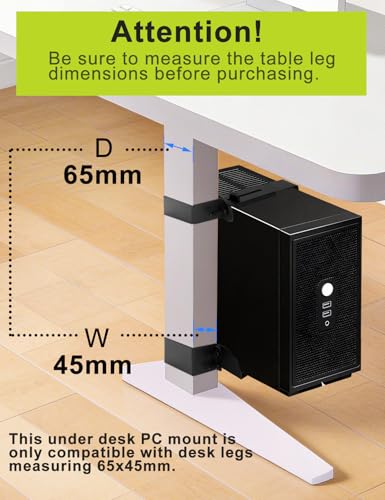 No-Drill Under Desk PC Mount, Adjustable CPU Holder for Standing Desk, Compatible Only with 65mm × 45mm Desk Legs, Supports up to 50 lbs, Includes Non-Slip Pads - size: Fits Desk Leg: 65mm(D) x 45mm(W)