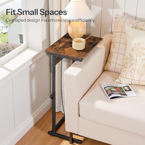 HOOBRO C-Shaped End Table with Charging Station, Adjustable Height Sofa Tray Side Table, Slide Under Couch Arm Table, Small C Side Table for Small Space in Living Room, Bedroom, Rustic Brown BF71USF01 - color: Rustic Brown + Black
