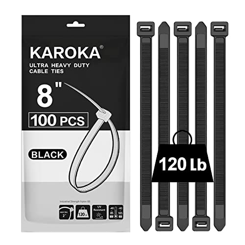 Zip Ties 8 inch Heavy Duty Zip Ties with 120 Pounds Tensile Strength, Black Cable Ties, 100 Pieces,by Karoka - size: 8" 120lb (100 Pack)