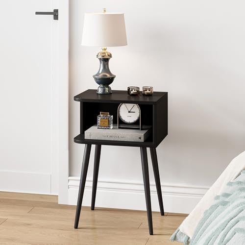 Black Nightstand Set of 2, Small Bed Side Table for Small Spaces, Mid Century Modern Nightstand End Table with Open Storage, Side Table for Bedroom Living Room, MLBZ20B-2 - color: Black