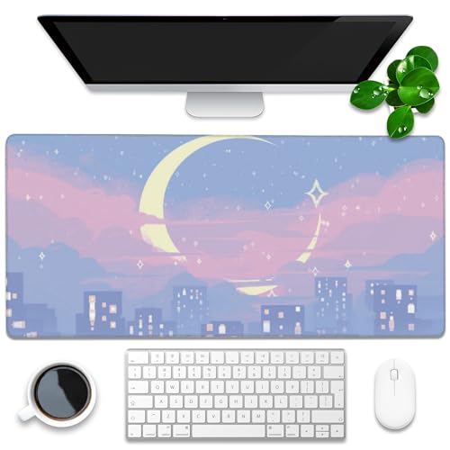Desk Mat, Anime Moon City Night Scene Extended Gaming Mouse Pad Large, 35.4"x15.7" Big Mouse Pad with Non-Slip Base and Stitched Edge, Long Computer Keyboard Mouse Mat for Home Office Work - color: Moon Night Scene, size: 35.4"x15.7"