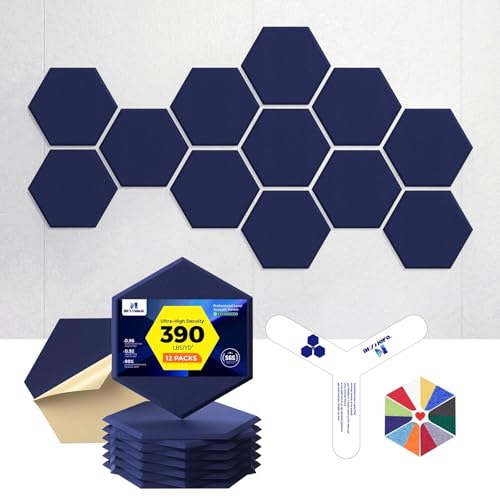 Self-Adhesive Acoustic Panels [390 lbs/yd³ Ultra-High Density], 2nd Generation Sound Absorbing Panel, Professional Level Sound Panel, Polyester Soundproof Foam [Medium Hexagon, Dark Blue] - color: Dark Blue, size: Medium Hexagon (12''x10''x0.4'')