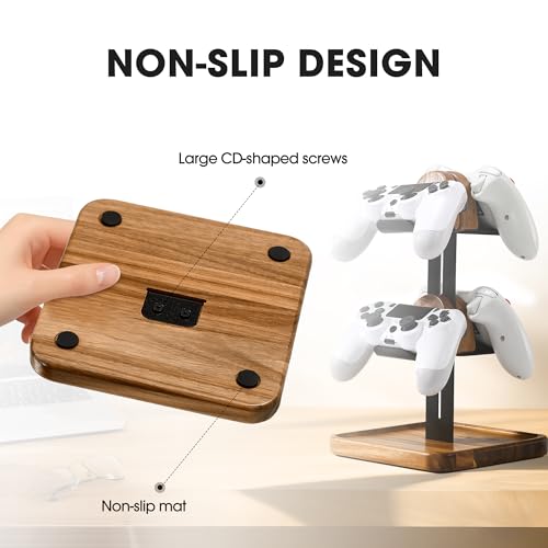 Game Controller Wood Stand for Desk, Adjustable 2 Tiers Game Controller Holder for PS/Xbox/Switch/Nintendo,Dual Tiers Controller Holder On The Desk,Solid Wood,4-in-1 Black