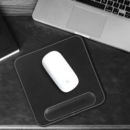 Londo Top Grain Leather Mouse Pad with Wrist Rest – Ergonomic Support, Non-Slip Base, Smooth Surface - color: Black