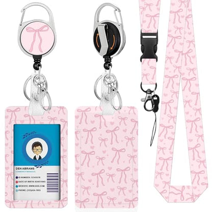 Bow Badge Holder with Lanyard, Beautiful Bow ID Badge Holder with Retractable Reel Clip and Keychain, Vertical Identity Card Cover Case Protector for Nurse Teacher - color: Bow-pink
