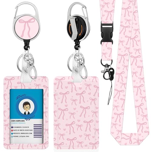 Bow Badge Holder with Lanyard, Beautiful Bow ID Badge Holder with Retractable Reel Clip and Keychain, Vertical Identity Card Cover Case Protector for Nurse Teacher - color: Bow-pink