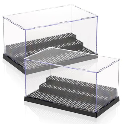 ZEAYEA 2 Pack Display Case for Minifigure Action Figures Blocks, Acrylic Display Box Storage with 3 Movable Steps, Dustproof Showcase for Collection Bricks Blocks Models Minifigures Building, Black