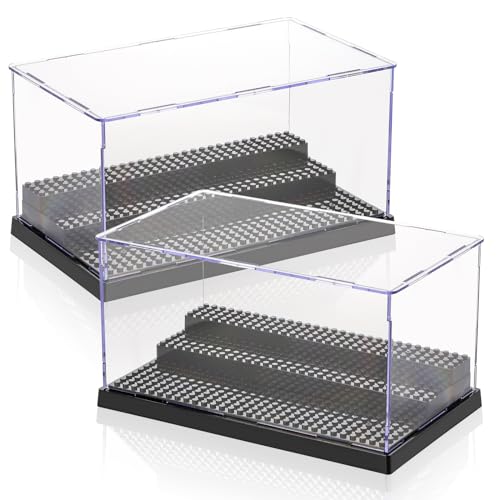 ZEAYEA 2 Pack Display Case for Minifigure Action Figures Blocks, Acrylic Display Box Storage with 3 Movable Steps, Dustproof Showcase for Collection Bricks Blocks Models Minifigures Building, Black