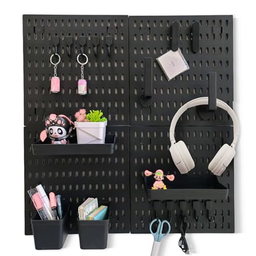 Black Pegboard Organizer Set with Hooks & Storage Boxes, Desk or Wall Peg Board Panels for Tools, Crafts, and Office Supplies – 4 Boards (30×30 cm Each)