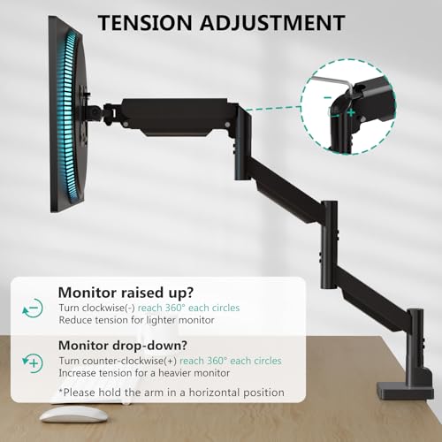 WALI Extra Long Single Monitor Arm for 17-38 inch Screens, up to 26.4 lbs | Tall Monitor Desk Mount, Full Motion with Tilt, Swivel, Rotation, C-Clamp/Grommet Base, VESA 75/100mm (GSMP001L), Black - size: 17" to 38"