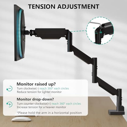 WALI Extra Long Single Monitor Arm for 17-38 inch Screens, up to 26.4 lbs | Tall Monitor Desk Mount, Full Motion with Tilt, Swivel, Rotation, C-Clamp/Grommet Base, VESA 75/100mm (GSMP001L), Black - size: 17" to 38"