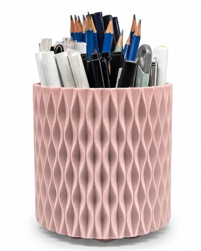 Lebenrich Rotating Pencil Holder for Desk, 5 Slots Unique Pink Organizer Easthetic Desktop Supplies and Accessories for Women Girls, Pen Cup Caddy for Office Home Art Supply - color: Pink