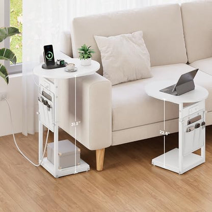 Vagusicc C Shaped End Table with Charging Station, 32" Tall Side Table for Couch and Recliner, Adjustable Height Small Couch Side Table Slide Under Sofa TV Tray Table for Living Room, Bedroom, White - color: White, style: Charging Station