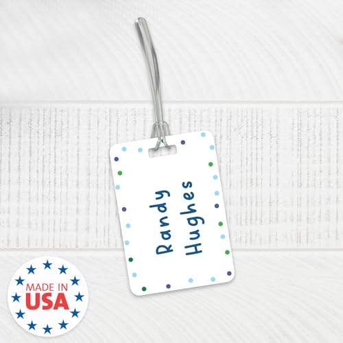 Personalized Blue Polka Dot Luggage Tag / 2.75" x 4" Custom Abstract Bag Tag/Double Sided Durable Plastic Luggage Tag with Plastic Strap/Made in The USA - style: Blue Dots