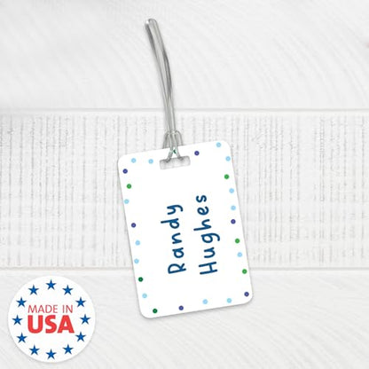 Personalized Blue Polka Dot Luggage Tag / 2.75" x 4" Custom Abstract Bag Tag/Double Sided Durable Plastic Luggage Tag with Plastic Strap/Made in The USA - style: Blue Dots