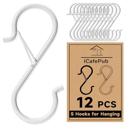 12 PCS S Hooks for Hanging with Safety Buckle | 3.5 inch Heavy Duty Metal S Shaped Hooks Stainless Steel for Hanging Kitchen Utensil, Cups, Pots, Plants, Bags, Hats (White) - color: White