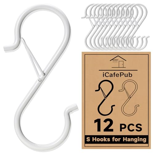 12 PCS S Hooks for Hanging with Safety Buckle | 3.5 inch Heavy Duty Metal S Shaped Hooks Stainless Steel for Hanging Kitchen Utensil, Cups, Pots, Plants, Bags, Hats (White) - color: White
