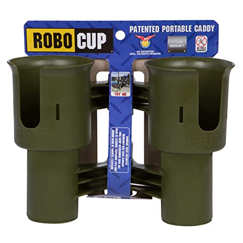 ROBOCUP, (Olive), Patented Clamp On Boat Cup Holder |Multifunction Dual Drink Caddy for Fishing Poles, Tools, Net, Gaff |Portable Storage for Boating, Beach, Umbrellas, Golf Carts, Strollers - color: Olive, size: Standard Spring