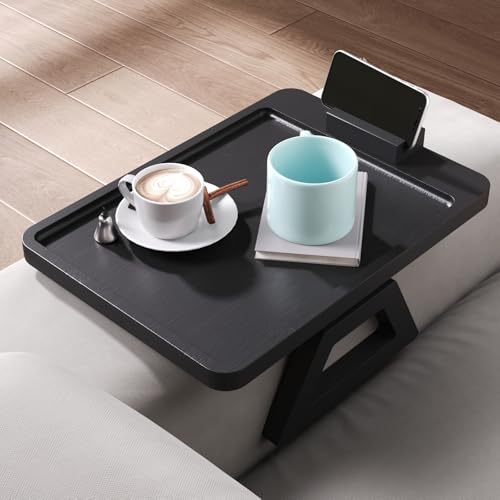 Couch Arm Tray with 360°Phone,Bamboo Folding Sofa Tray,Sofa Armrest Trays Clip-On Couch Desk for Drinks,Snacks,Phone,Remote Control（Black） - color: Black, style: 13.0" x 9.4"Phone Holder