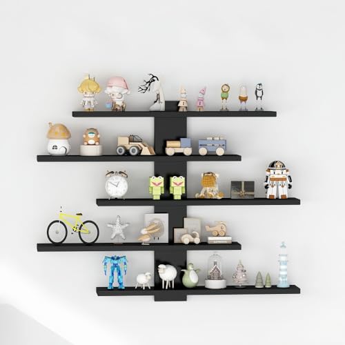 5-Tier Floating Wall Mounted Shelves, Wall Display Storage Shelf for Anime Figurines, Dolls, Plants & Statues, Decorative Organizer for Bedroom, Living Room, Study, Kids Room(Black) - color: Black