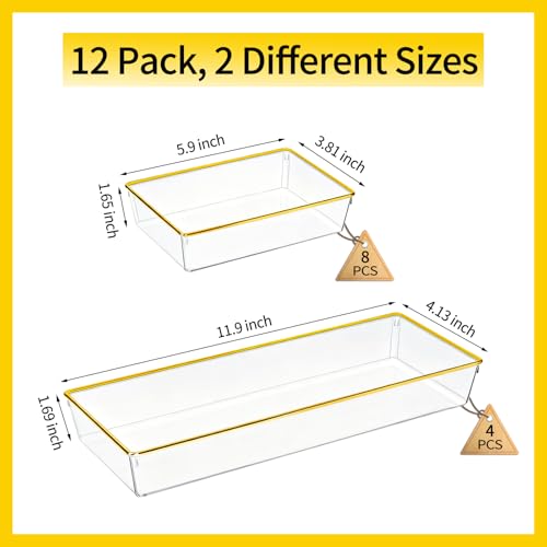 12 Pack Large Size Clear Stackable Drawer Organizer Trays, Gold Rim Makeup Drawer Storage Tray Divider, Desk Storage for Makeup, Jewelry, Bathroom, Stationary, Kitchen Utensils and Office Desk - color: Gold, size: 12 PACK