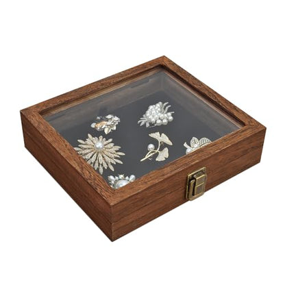MOOCA Tempered-Glass Top Small Wooden Jewelry Display Case with Removable Black Luxurious Velvet Jewelry Display Pad, Deeper 2.2" Design for Collectibles, Brown Color. - color: Brown With Velvet Pad