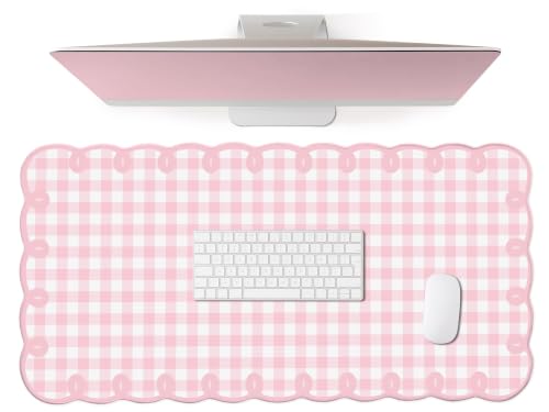 Cute Pink Scalloped Desk Mat Gingham Checkered Large Mouse Pad Kawaii Vintage Farmhouse-Inspired Cottagecore Office Desk Decor Stitched Nonslip Pad for Computer Keyboard & Mouse 31 * 15.7in - color: A1- Soft Pink